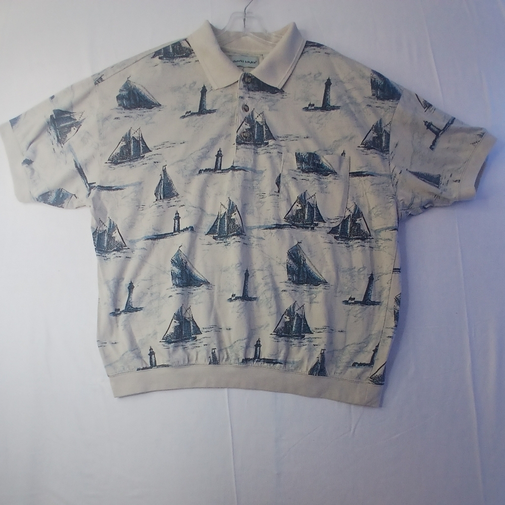 David Taylor Men's Polo Shirt Sailboats and Lighthouses Pattern w/ Pocket‎ Sz XL